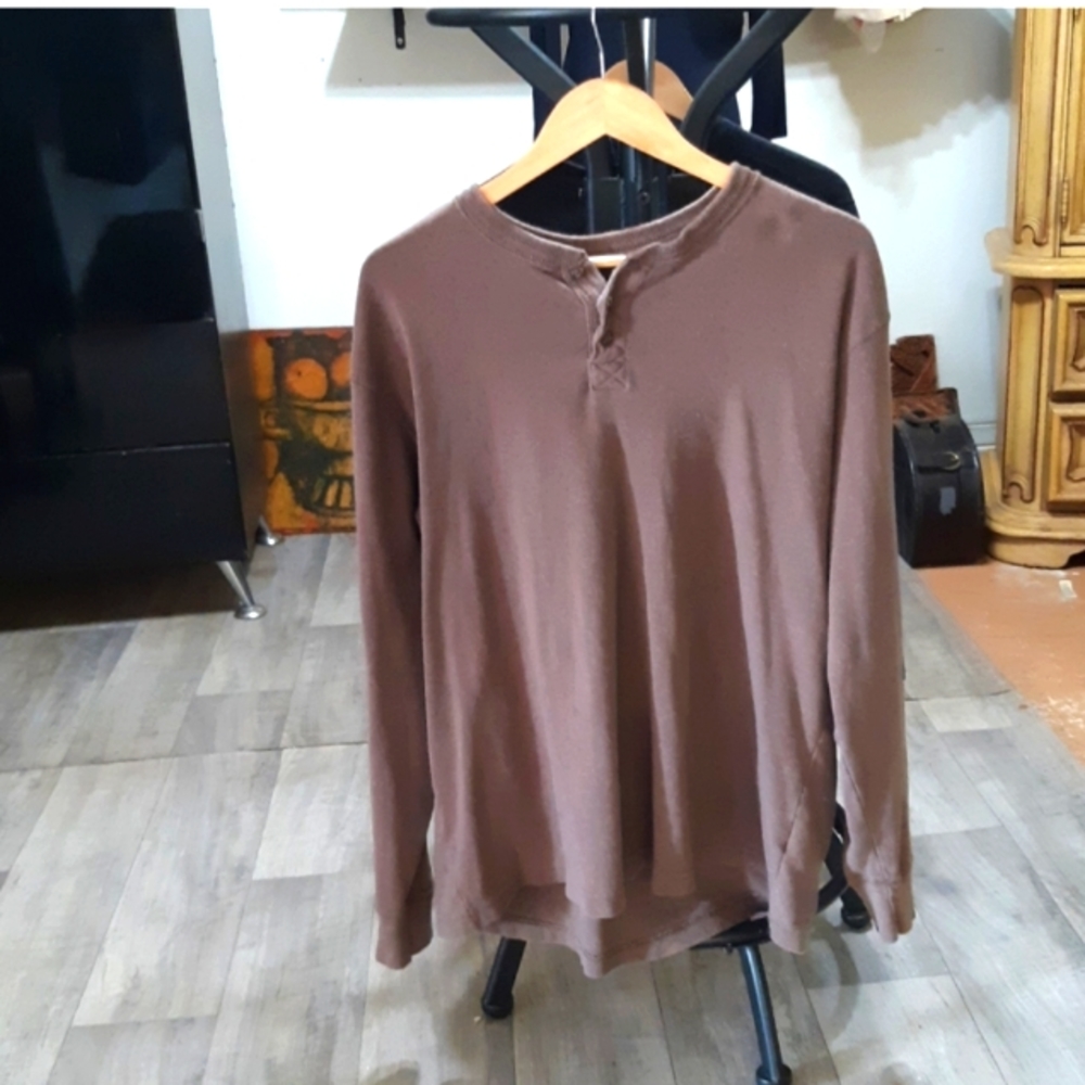 Mens Brown pullover long sleeve shirt sz L BASIC EDITION faded hobo knit